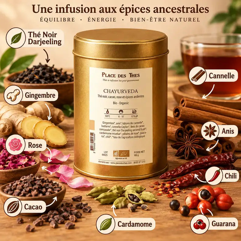 Thé noir Chayurveda Bio avec ses ingrédients : cannelle, gingembre, cacao, cardamome, rose et anis