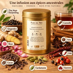 Thé noir Chayurveda Bio avec ses ingrédients : cannelle, gingembre, cacao, cardamome, rose et anis