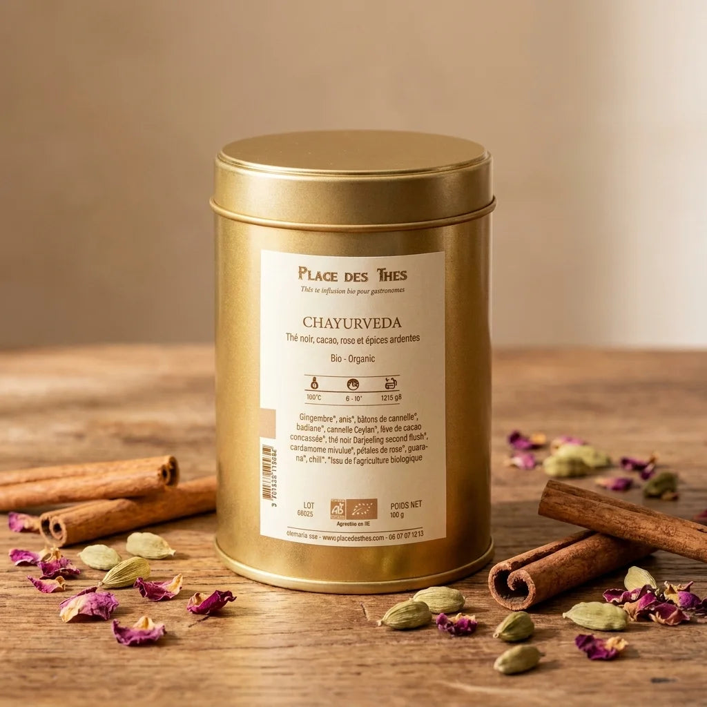 Thé noir Chayurveda Bio 100g Place des Thés dans sa boîte dorée avec épices