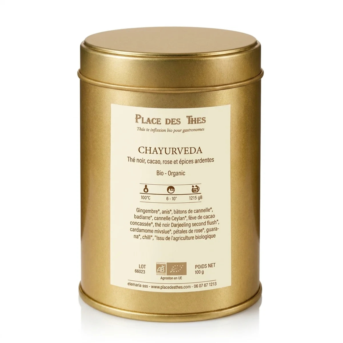 Boîte de thé noir Chayurveda Bio 100g Place des Thés sur fond blanc