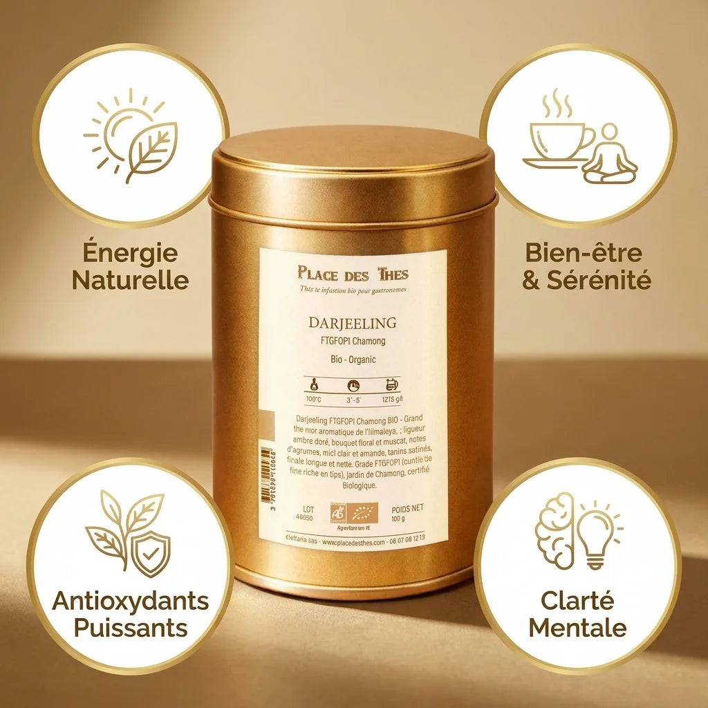 Thé noir Darjeeling FTGFOP1 Chamong bio 100g avec bénéfices santé - Place des Thés