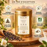 Thé noir Darjeeling Ftgfop1 Chamong Bio 100g avec boîte dorée et tasse de thé ambré
