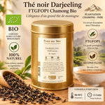 Thé noir Darjeeling FTGFOP1 Chamong Bio 100g en boîte dorée avec feuilles de thé