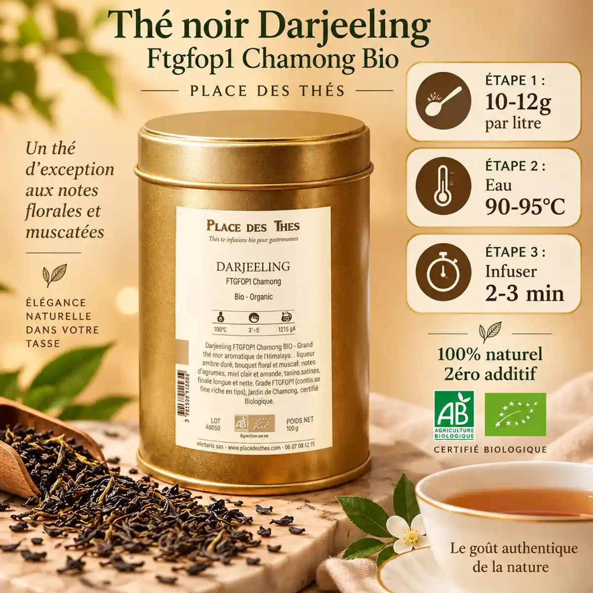 Thé noir Darjeeling Ftgfop1 bio Chamong avec guide préparation et feuilles de thé