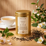 Thé noir Darjeeling Ftgfop1 Chamong Bio en boîte dorée avec tasse et feuilles de thé