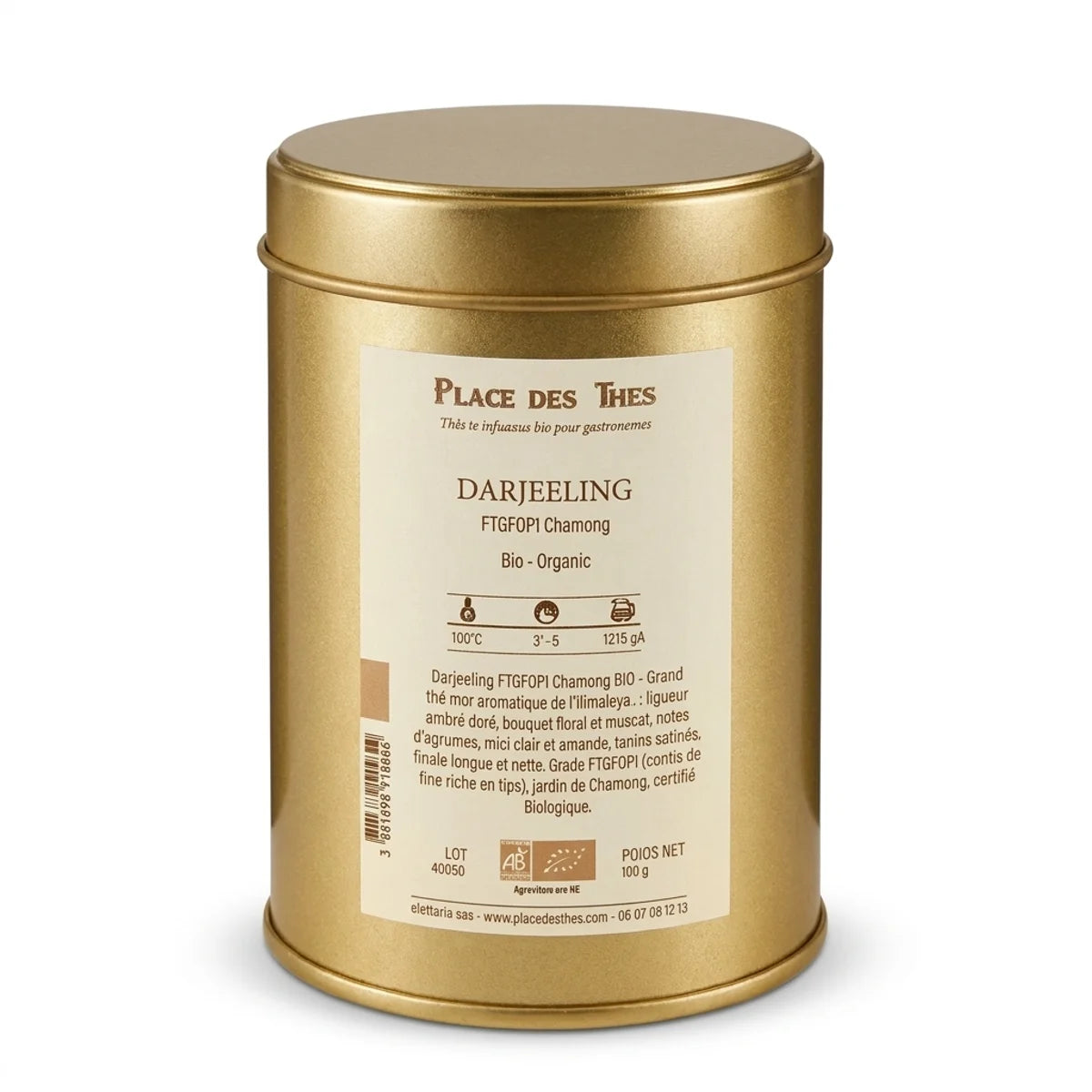 Boîte de thé noir Darjeeling Ftgfop1 Chamong Bio 100g Place des Thés, certification organic