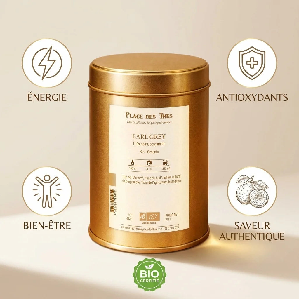 Thé noir Earl Grey Bio 100g - Boîte avec bénéfices énergétiques et antioxydants