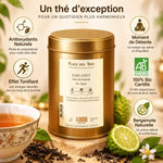 Thé noir Earl Grey Bio 100g Place des Thés avec bergamote, tasse et infographie bénéfices bien-être