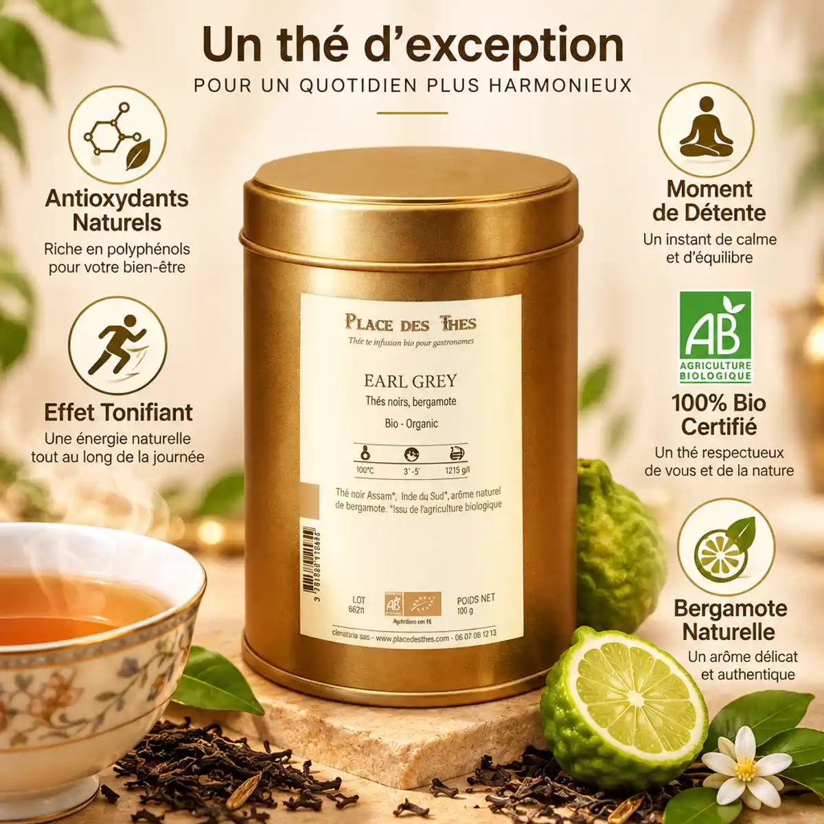 Thé noir Earl Grey Bio 100g Place des Thés avec bergamote, tasse et infographie bénéfices bien-être