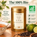 Thé noir Earl Grey Bio 100g Place des Thés en boîte dorée avec bergamote frais et tasse