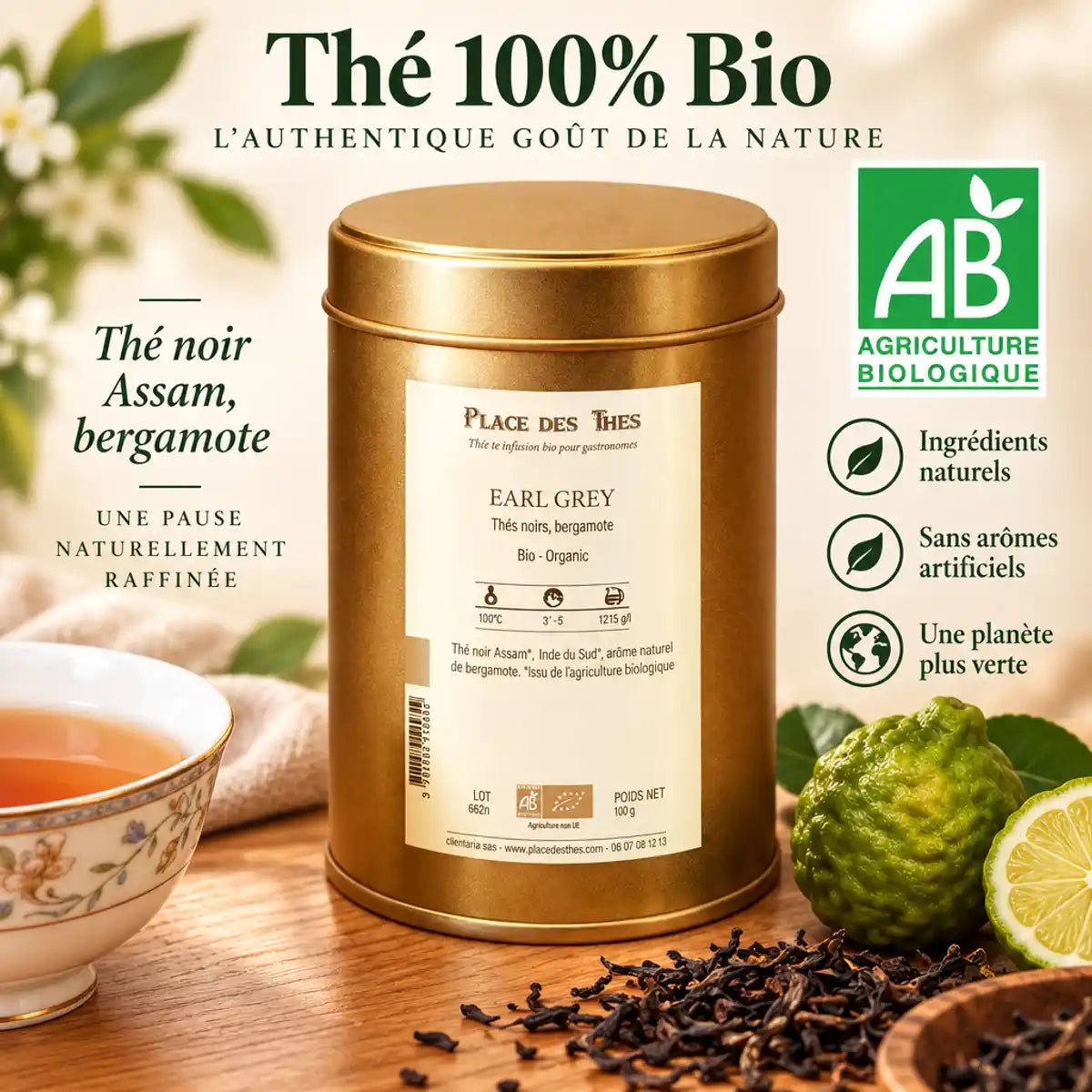 Thé noir Earl Grey Bio 100g Place des Thés en boîte dorée avec bergamote frais et tasse