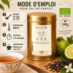 Thé noir Earl Grey Bio 100g - tin doré avec bergamote et guide de préparation
