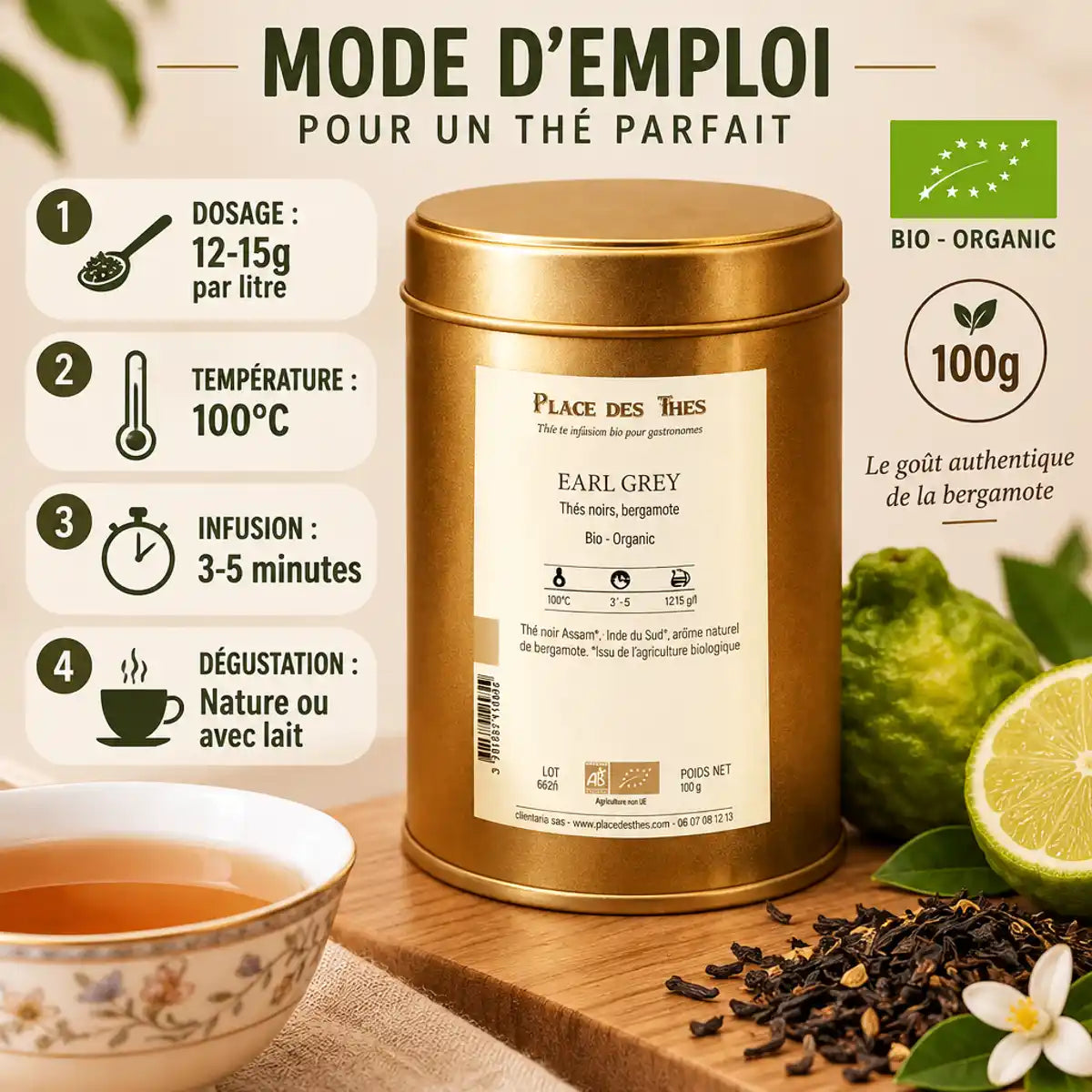 Thé noir Earl Grey Bio 100g - tin doré avec bergamote et guide de préparation