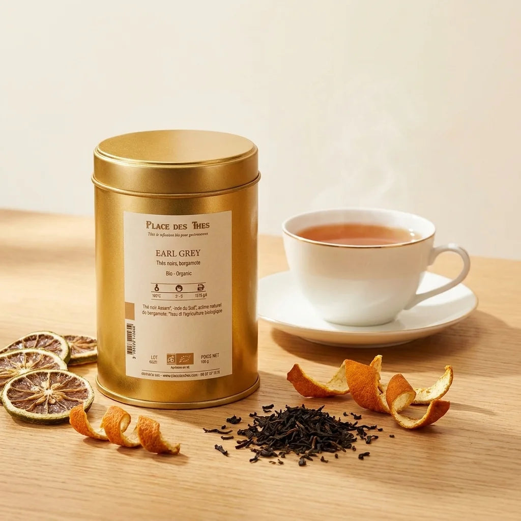 Thé noir Earl Grey Bio Place des Thés en boîte dorée avec tasse de thé et bergamote