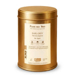 Boîte de thé noir Earl Grey Bio 100g Place des Thés, emballage doré sur fond blanc