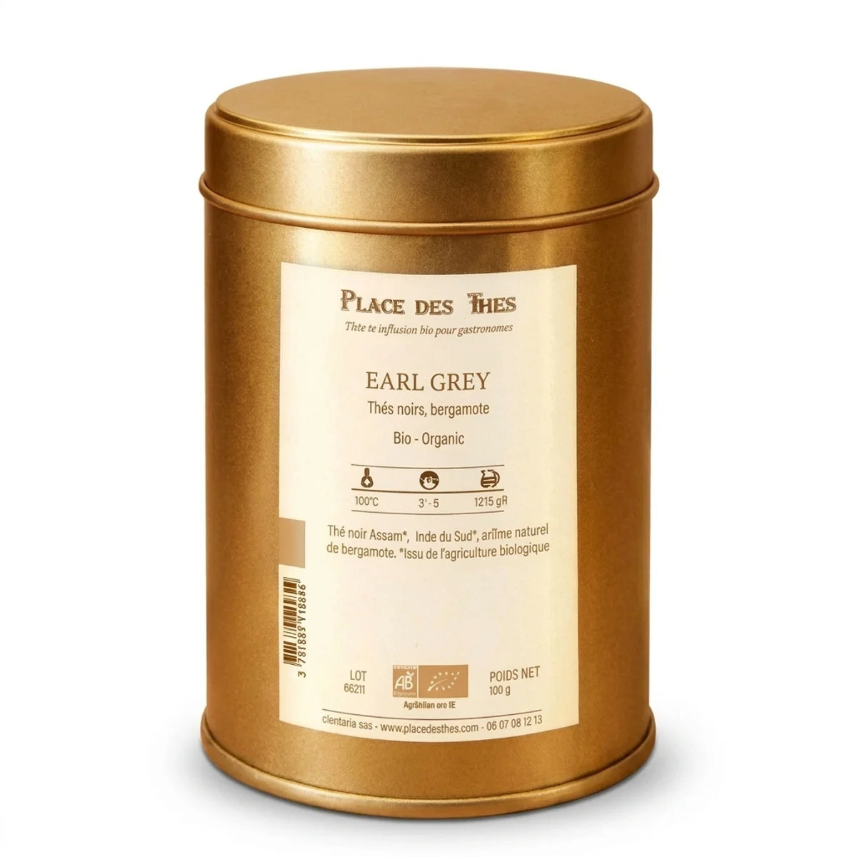 Boîte de thé noir Earl Grey Bio 100g Place des Thés, emballage doré sur fond blanc