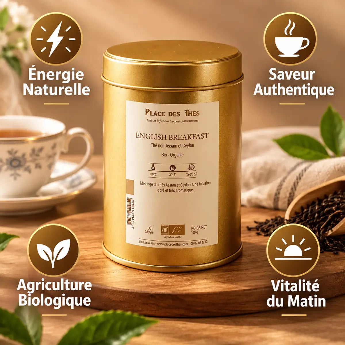 Thé noir English Breakfast Bio 100g Place des Thés en boîte dorée avec bénéfices wellness