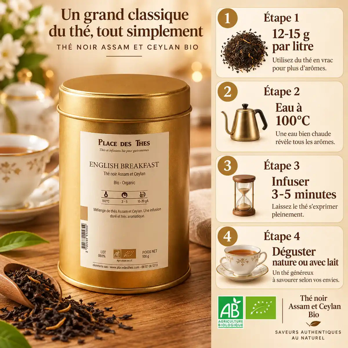 Thé noir English Breakfast bio 100g Place des Thés avec guide infographie préparation 4 étapes