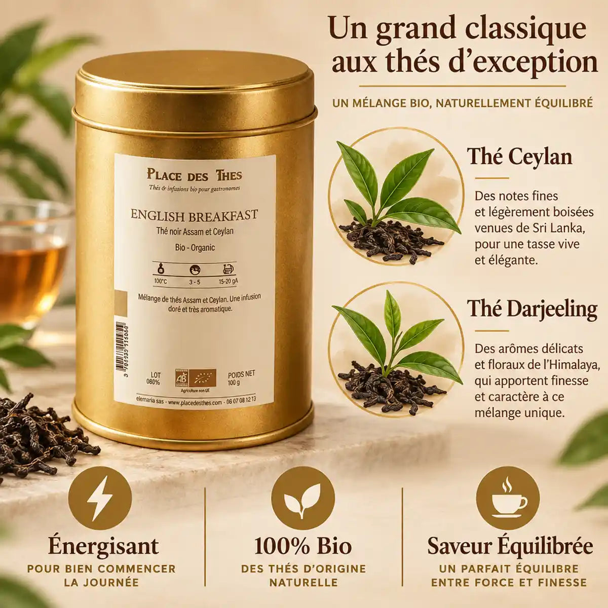 Thé noir English Breakfast bio 100g Place des Thés - Boîte dorée avec Ceylan et Darjeeling