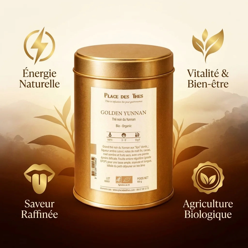 Thé noir Golden Yunnan GFOP 100g avec bénéfices santé - Énergie, vitalité et saveur raffinée