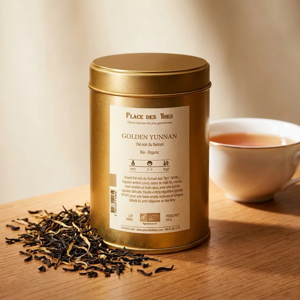 Boîte de thé noir Golden Yunnan GFOP 100g avec feuilles de thé et tasse d'infusion