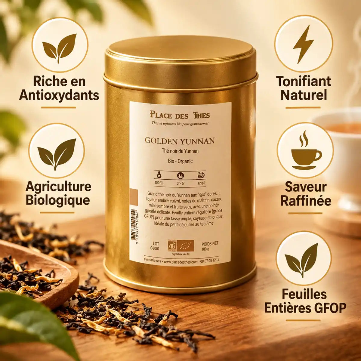 Thé noir Golden Yunnan GFOP Bio - boîte dorée avec bénéfices antioxydants et saveur raffinée