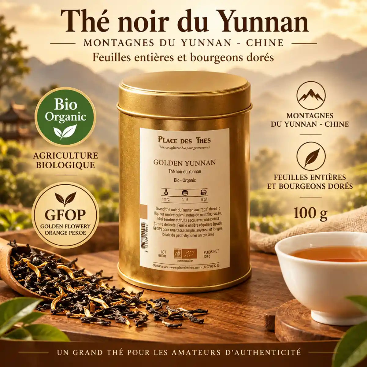 Thé noir Golden Yunnan GFOP bio 100g - Feuilles entières et bourgeons dorés de Chine