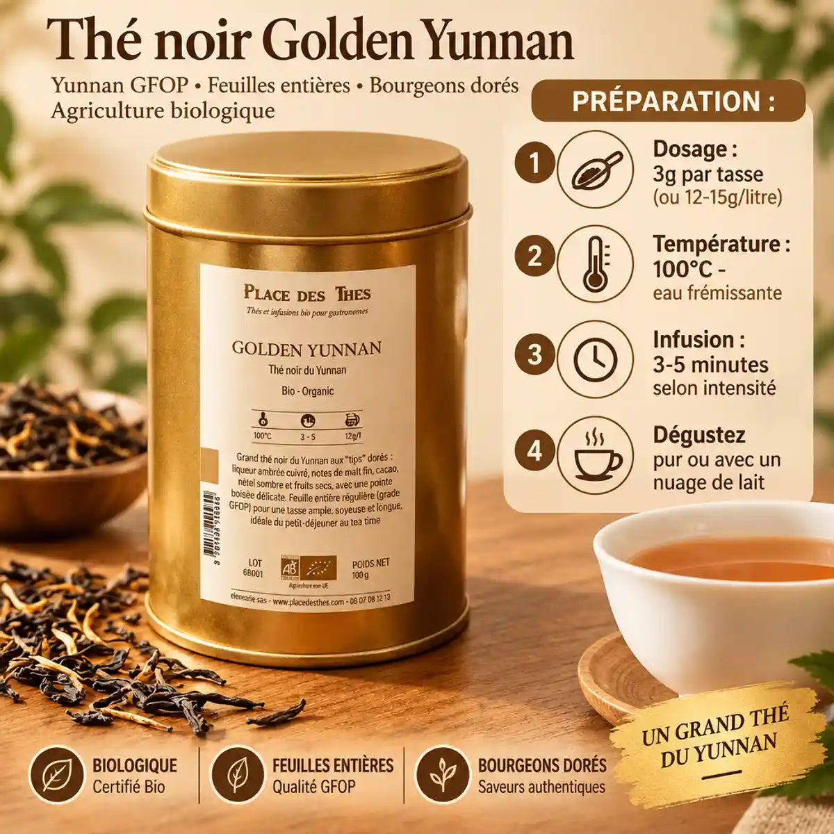 Thé noir Golden Yunnan GFOP bio 100g en boîte avec feuilles et tasse préparée