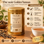 Thé noir Golden Yunnan GFOP bio 100g en boîte avec feuilles et tasse préparée