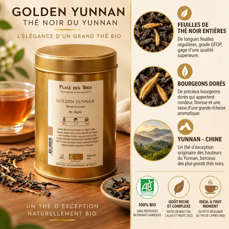 Thé noir Golden Yunnan GFOP Bio - emballage cylindrique avec feuilles entières et bourgeons dorés de Yunnan, Chine
