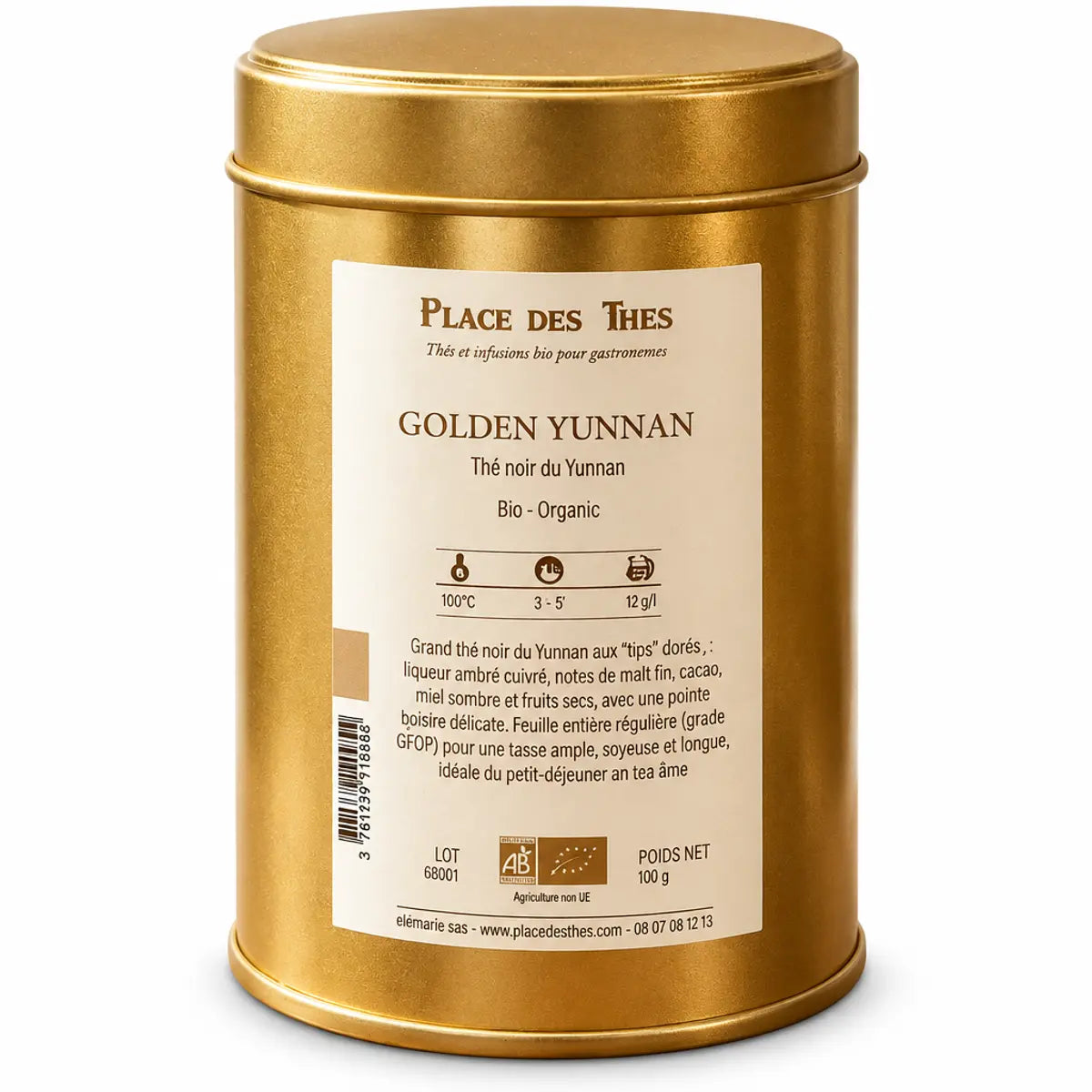 Boîte métallique dorée thé noir Golden Yunnan Bio 100g Place des Thés