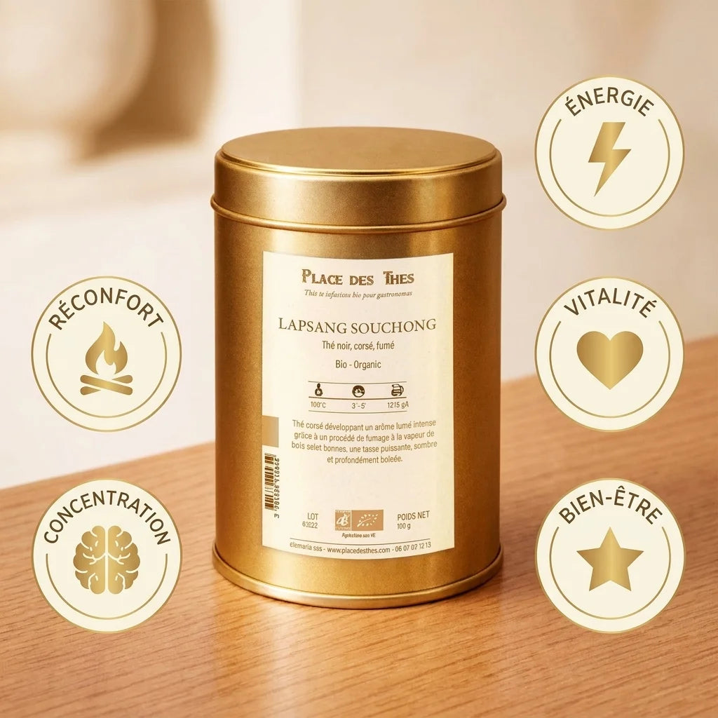 Thé noir Lapsang Souchong Bio 100g avec infographies bénéfices énergie vitalité bien-être