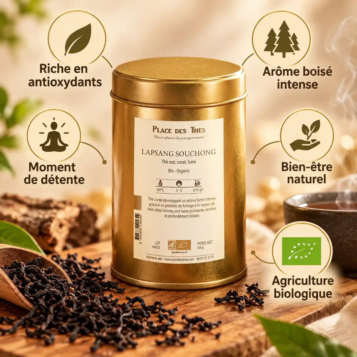 Thé noir Lapsang Souchong bio 100g Place des Thés avec infographies bénéfices antioxydants et arôme boisé