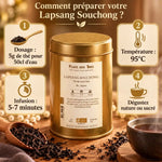 Thé noir Lapsang Souchong bio 100g avec guide infographie préparation, feuilles de thé et tasse fumante