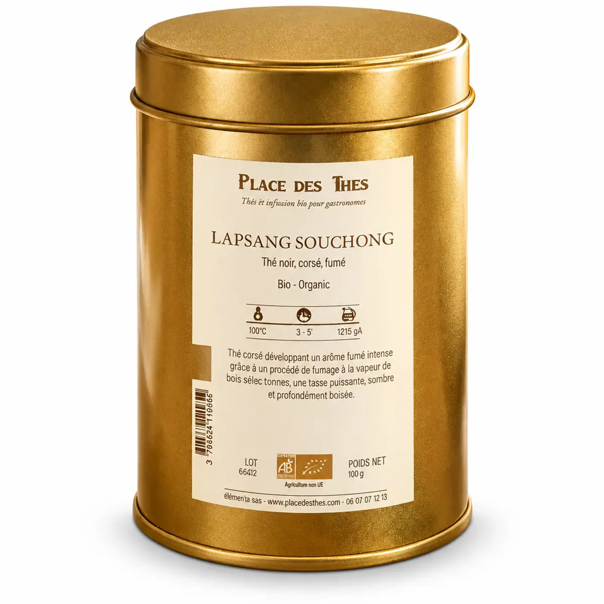 Boîte métallique dorée de thé noir Lapsang Souchong Bio 100g Place des Thés