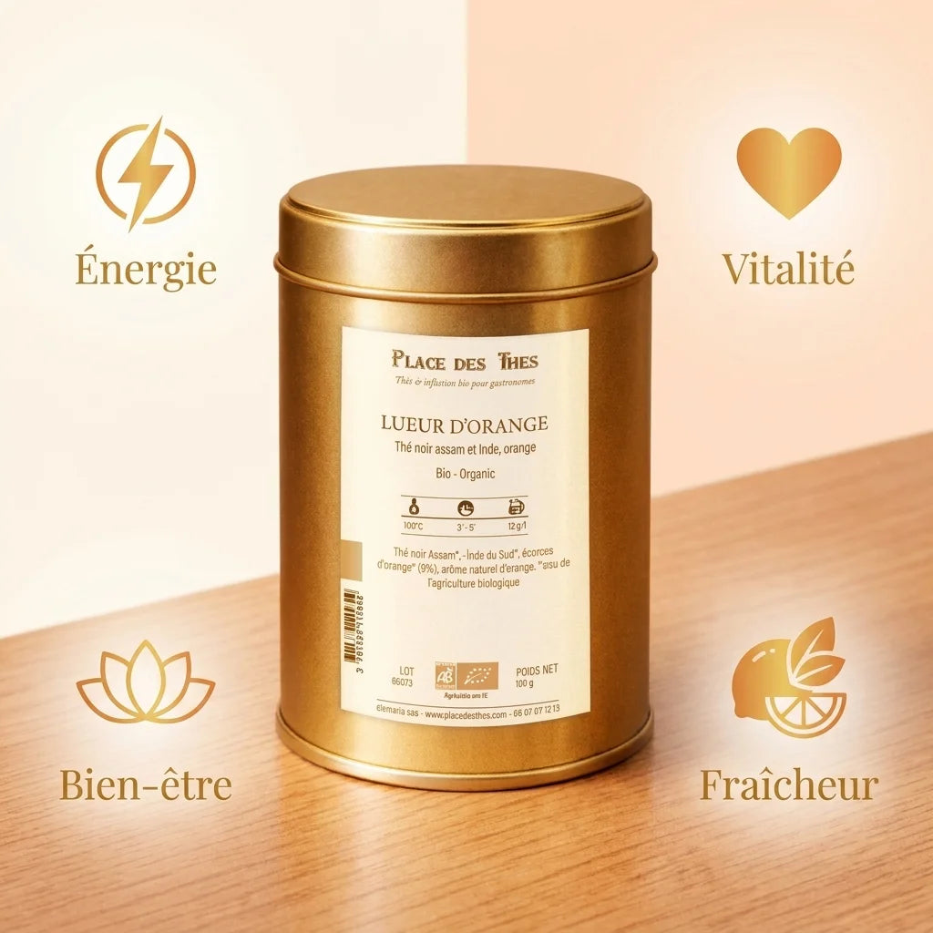 Thé noir Lueur d'Orange Bio 100g Place des Thés - emballage doré avec bénéfices