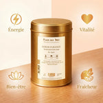 Thé noir Lueur d'Orange Bio 100g Place des Thés - emballage doré avec bénéfices