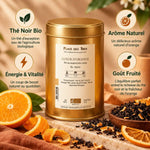 Thé noir Lueur d'Orange Bio 100g - Packaging premium avec bénéfices et ingrédients naturels