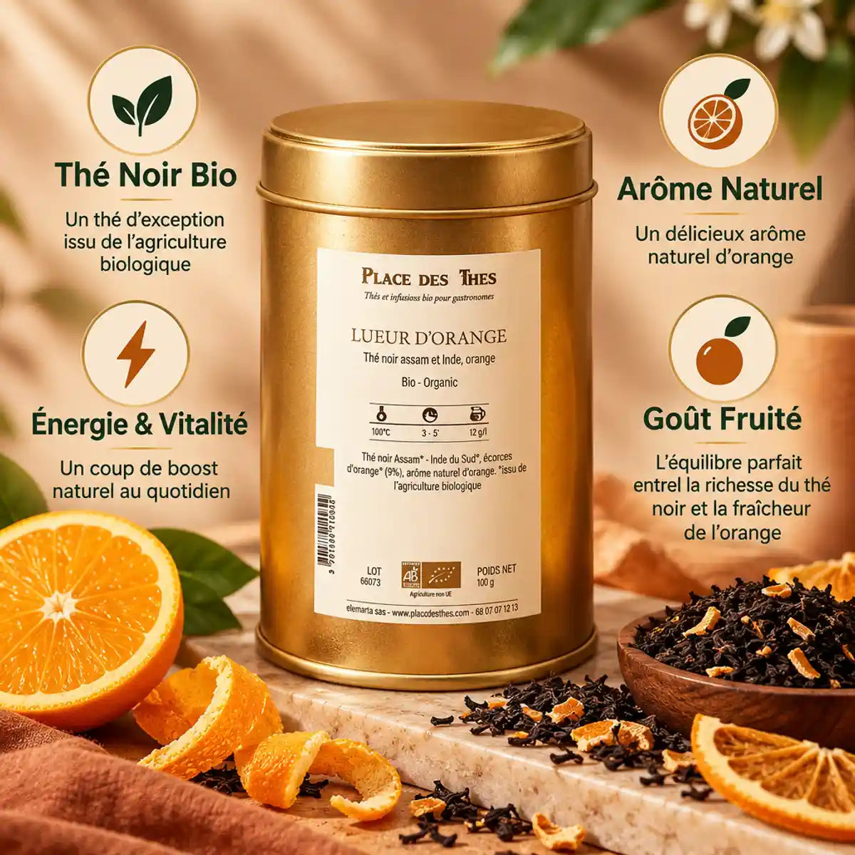 Thé noir Lueur d'Orange Bio 100g - Packaging premium avec bénéfices et ingrédients naturels