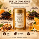 Thé noir Lueur d'Orange Bio 100g avec ingrédients : feuilles thé noir, écorces orange bio, arôme naturel