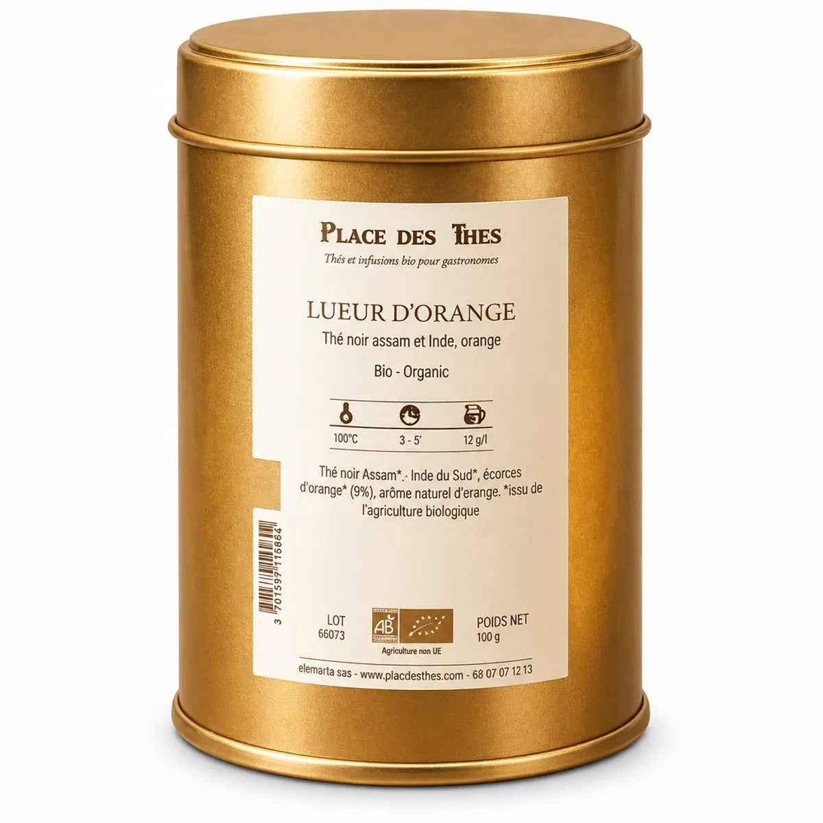 Thé noir Lueur d'Orange Bio 100g en boîte métallique dorée Place des Thés