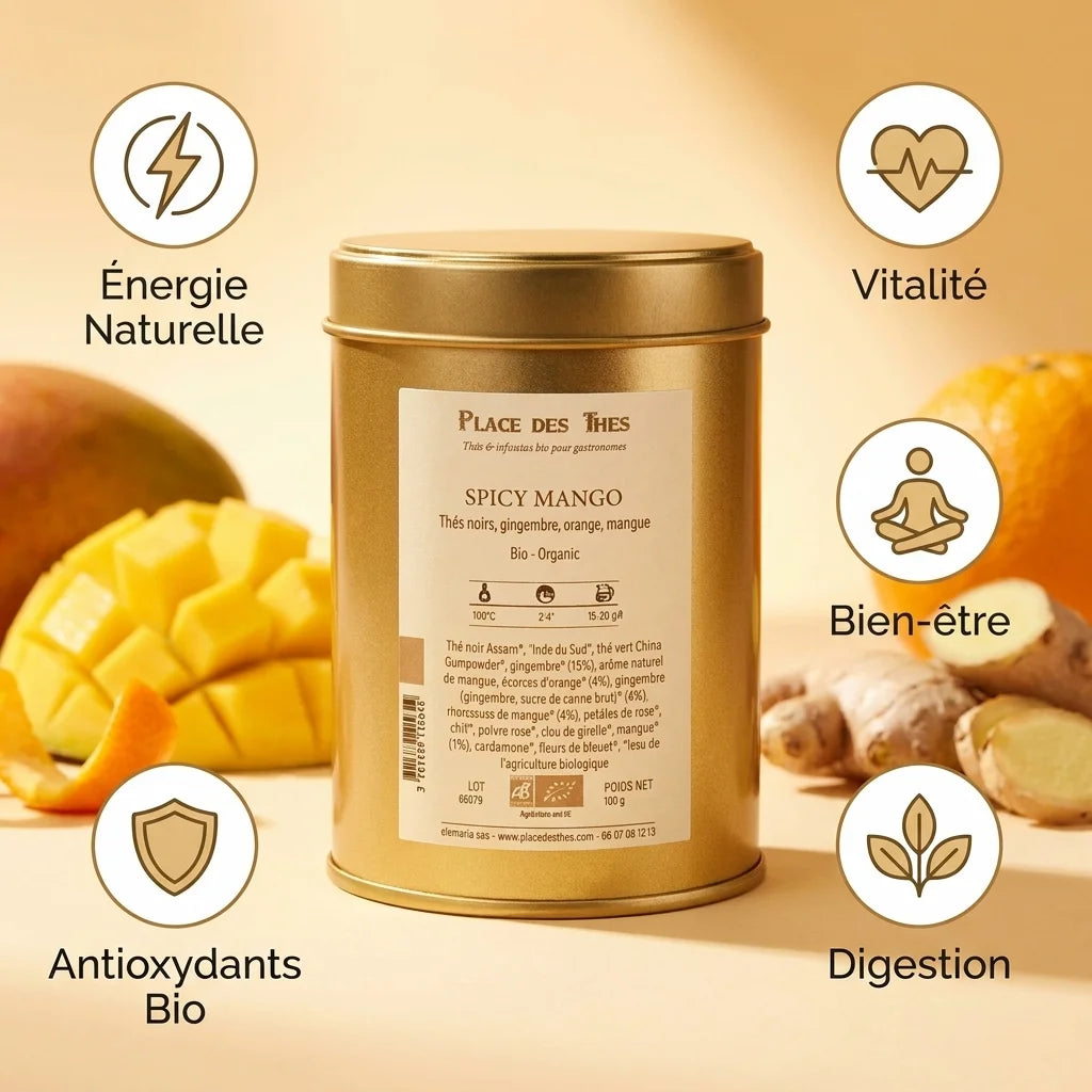 Thé noir Spicy Mango Bio Place des Thés avec infographie des bénéfices santé et ingrédients naturels