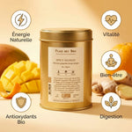 Thé noir Spicy Mango Bio Place des Thés avec infographie des bénéfices santé et ingrédients naturels