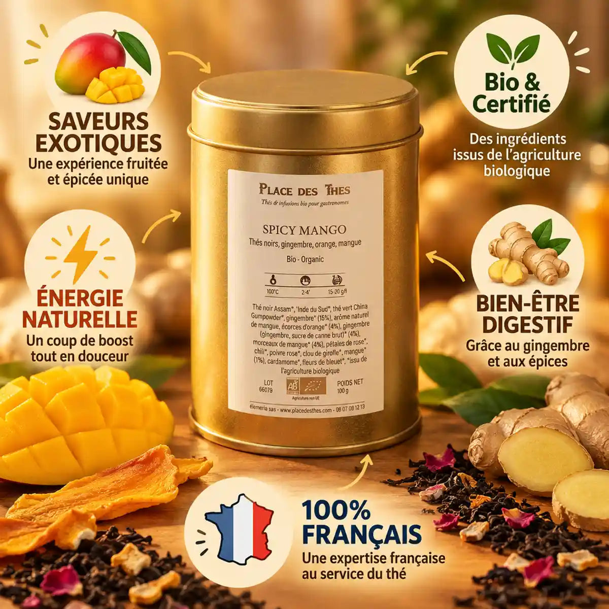 Thé noir Spicy Mango Bio 100g Place des Thés avec infographie bénéfices et ingrédients naturels