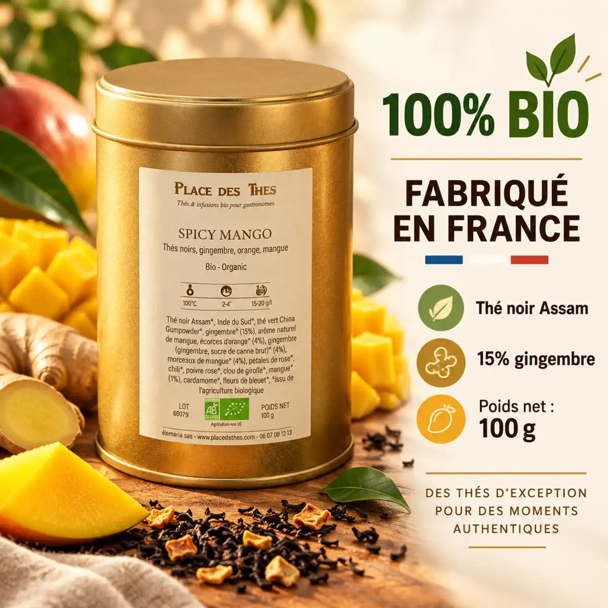 Thé noir Spicy Mango Bio 100g Place des Thés, boîte dorée avec gingembre et mangue frais