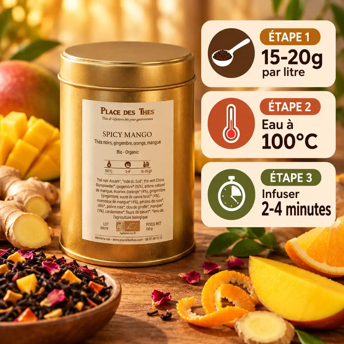 Thé noir Spicy Mango Bio - boîte dorée avec instructions de préparation et ingrédients naturels