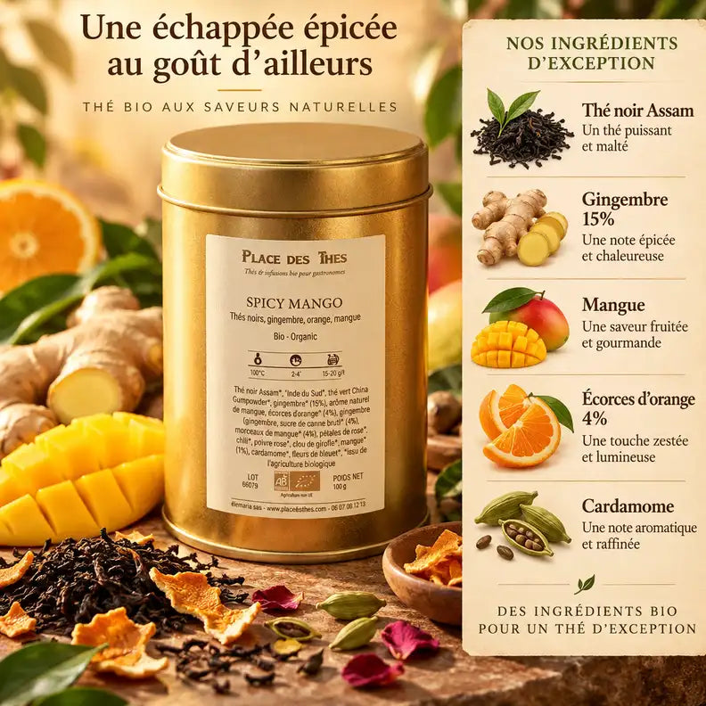 Thé noir Spicy Mango Bio Place des Thés avec ingrédients: gingembre, mangue, cardamome