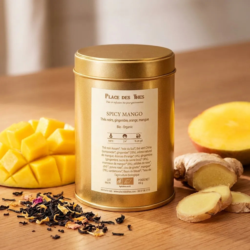Thé noir Spicy Mango Bio 100g Place des Thés avec mangue et gingembre frais