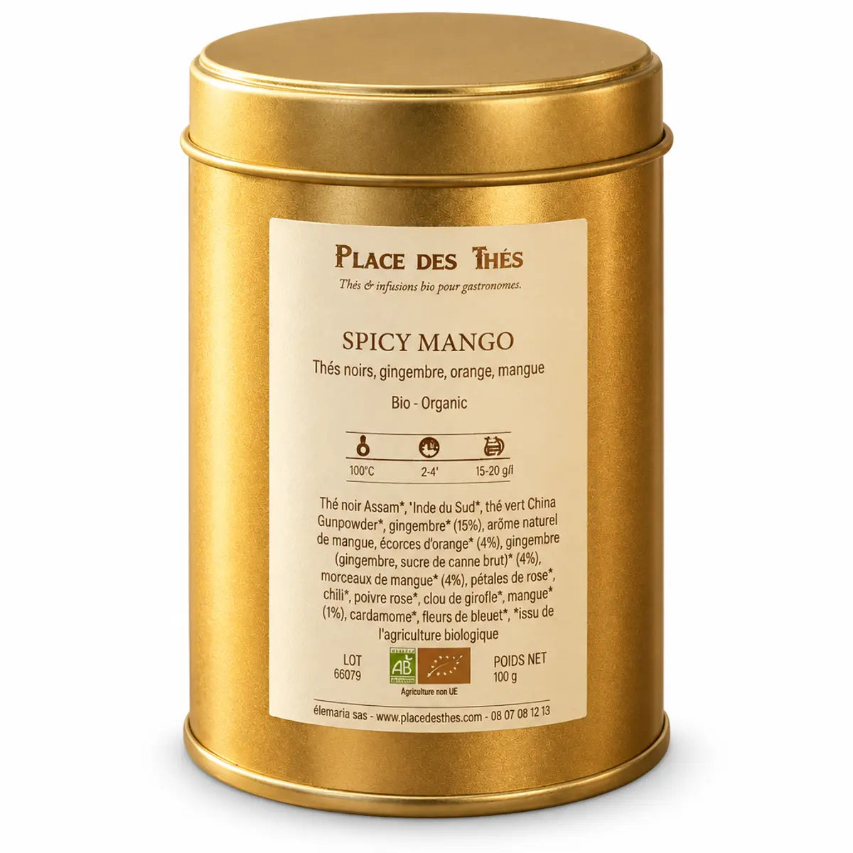 Boîte de Thé noir Spicy Mango Bio 100g Place des Thés sur fond blanc