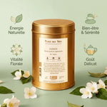 Thé vert jasmin bio 100g Place des Thés avec infographies bénéfices bien-être et sérénité